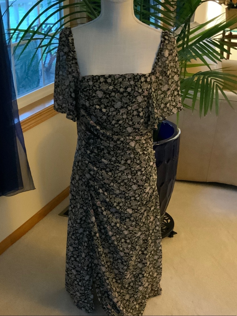 Square-Neck Floral Midi Dress in Black and Cream